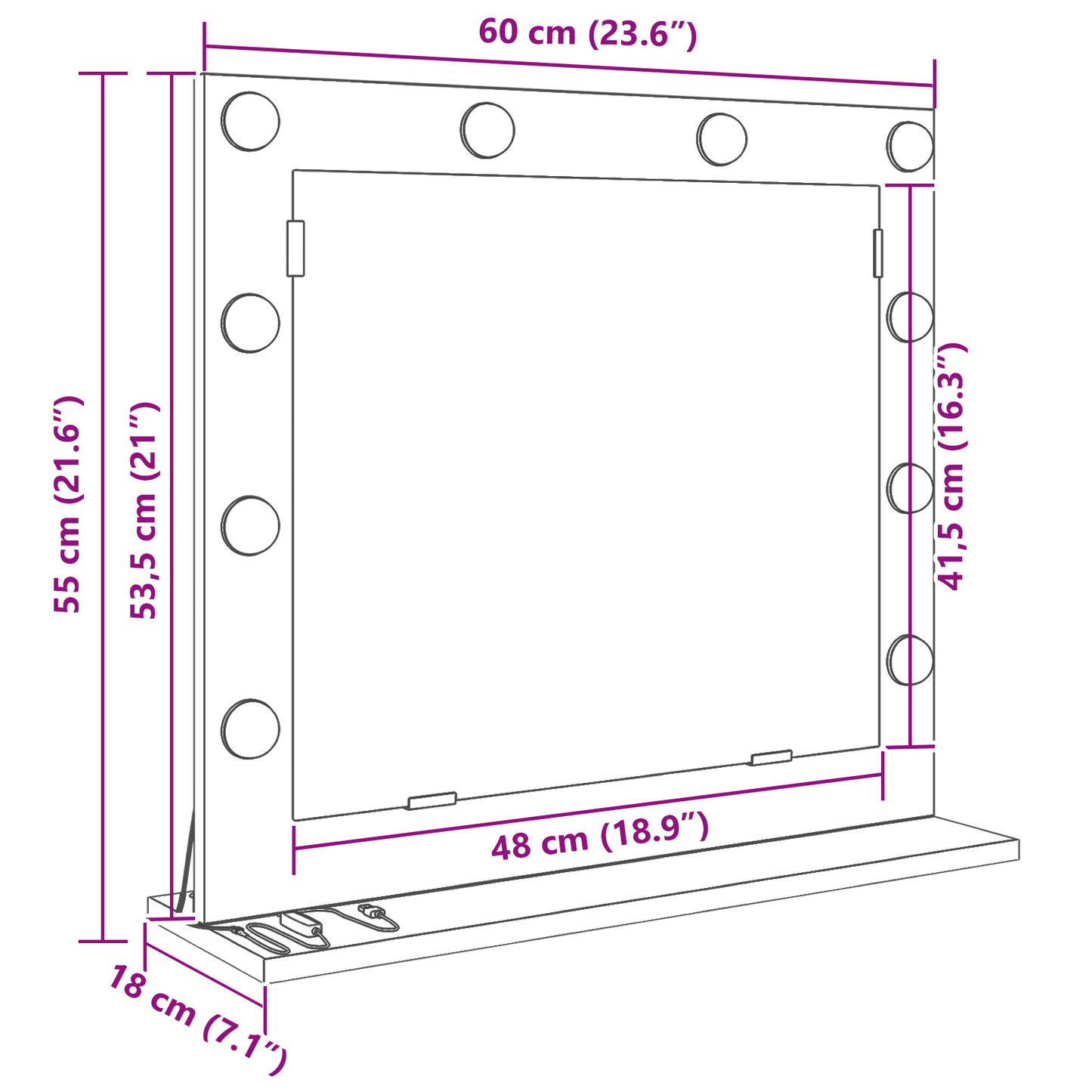Sminkespeil med LED-lys Sonoma Eik 60x55x18 cm