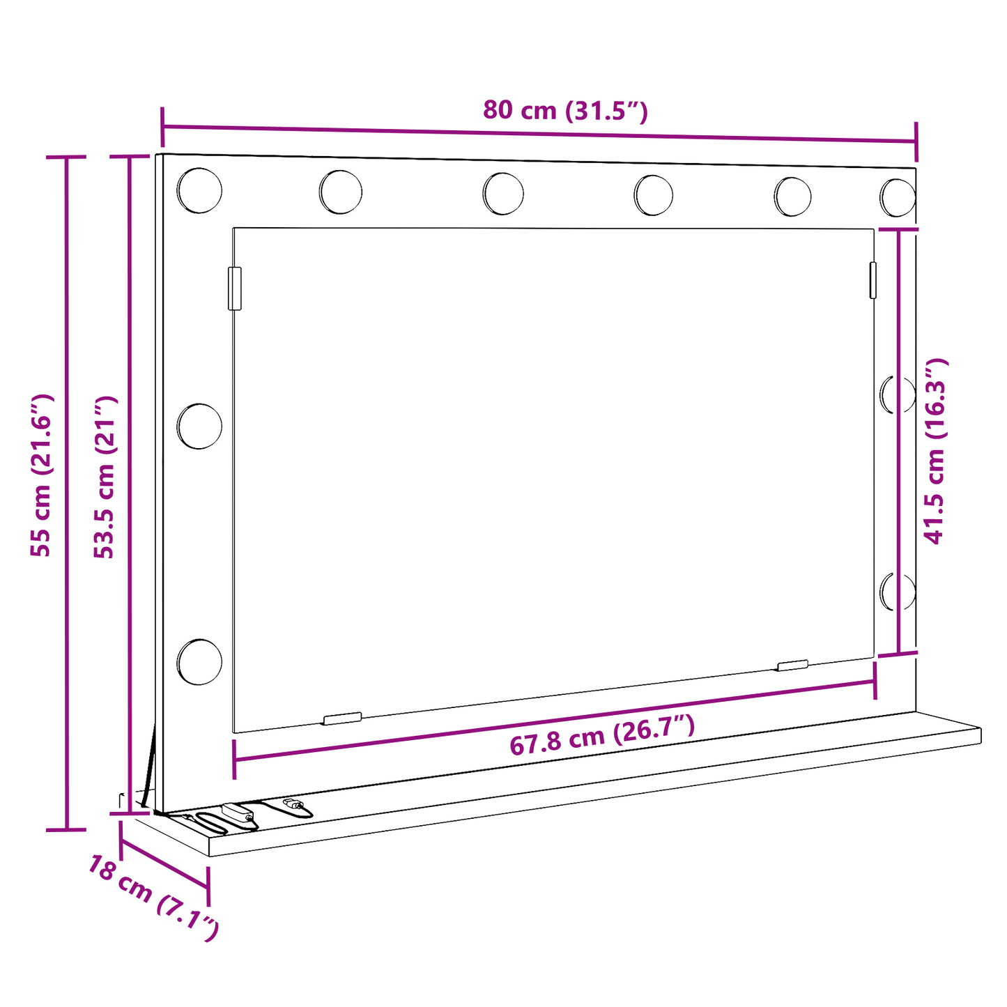 Sminkespeil Hvit LED 80x55x18 cm