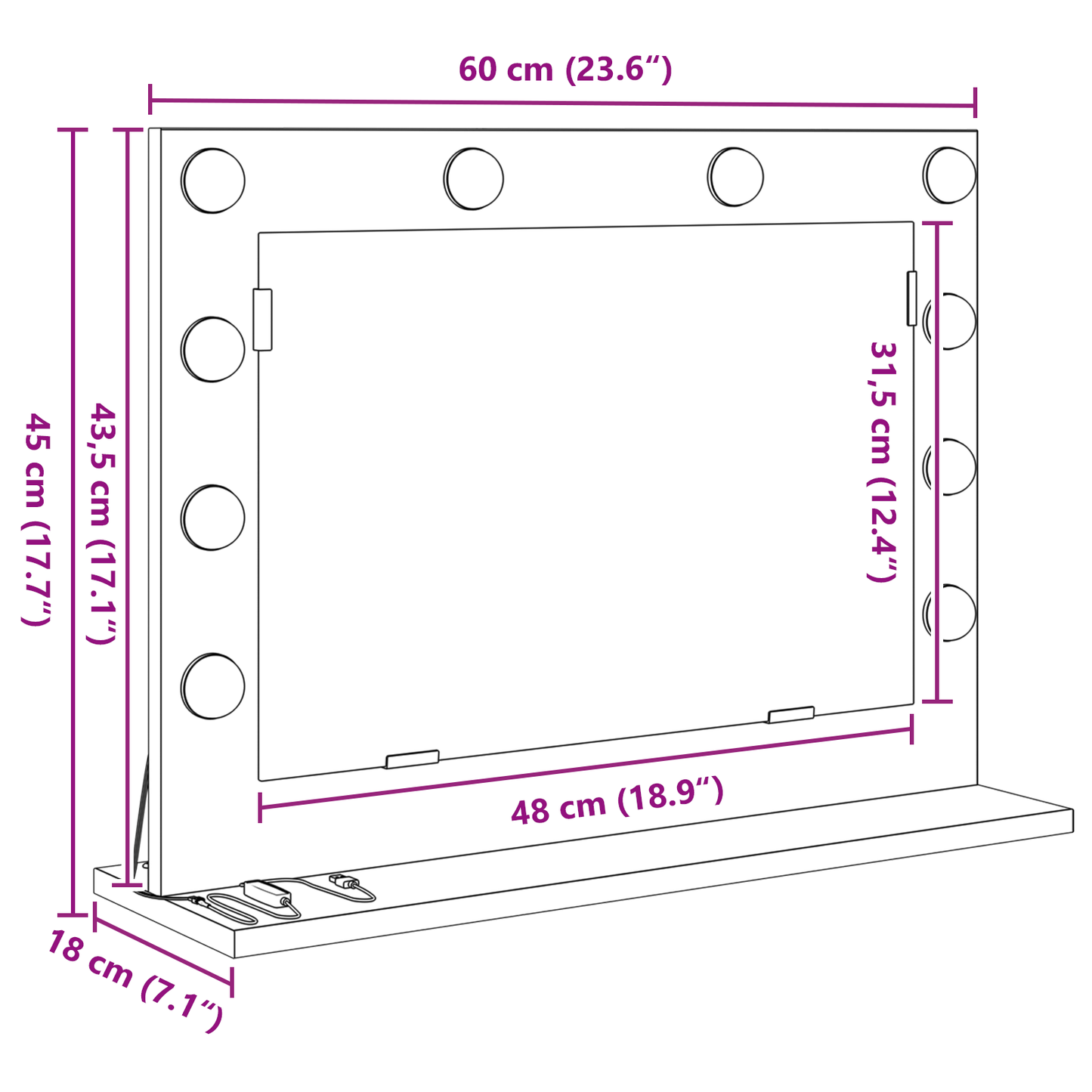 Sminkespeil med LED-lamper hvit 60x45x18 cm
