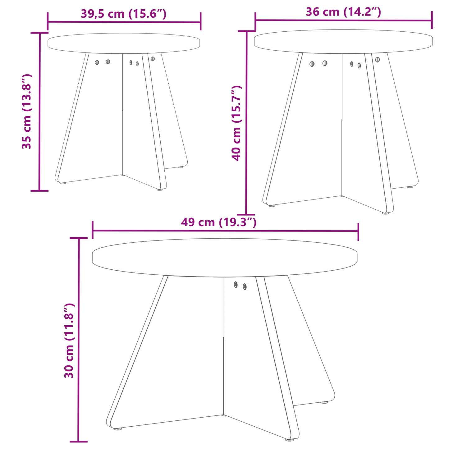 Salongbord Sofabord Hvit Sett 3 stk 49 x 49 x 30 cm Massiv furu tre