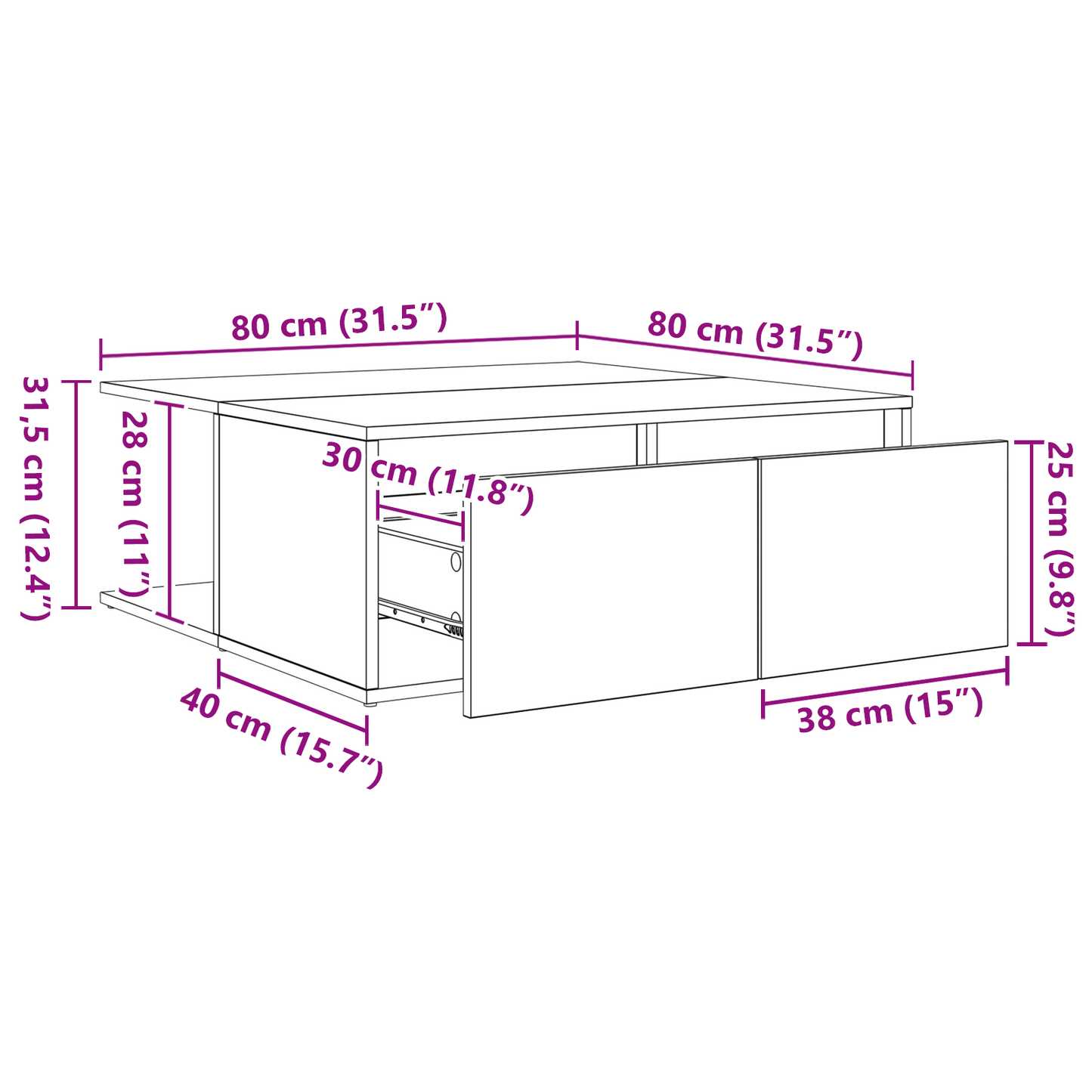 Salongbord Sofabord Svart med skuff med lagring 80 x 80 x 31 cm
