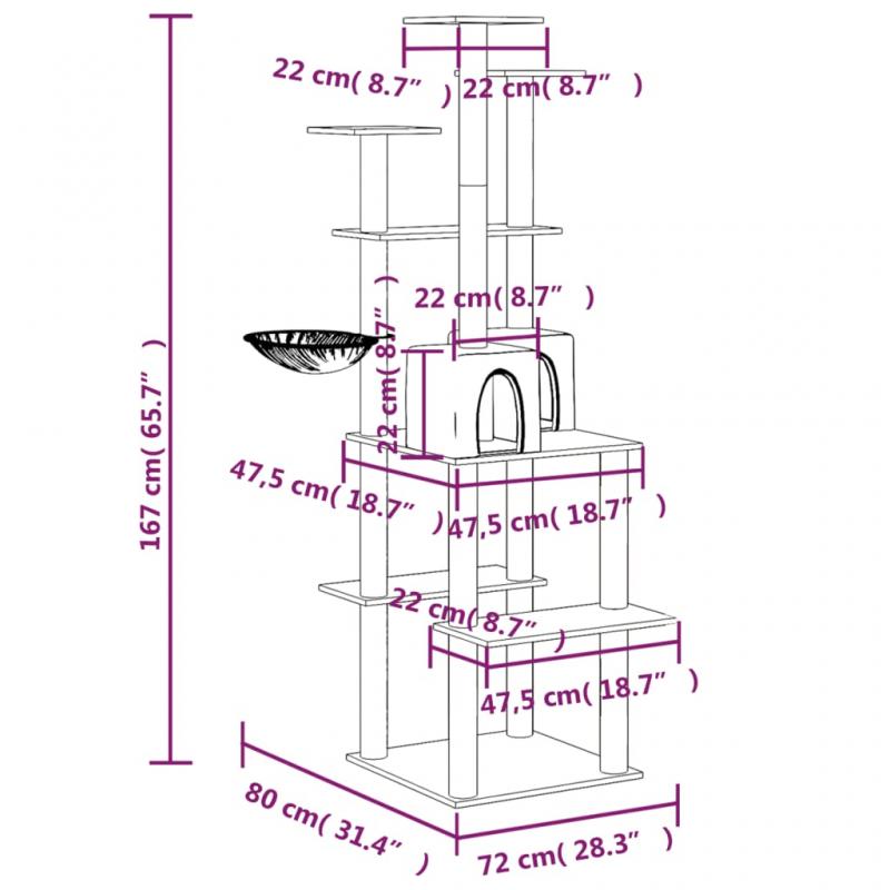 Kattembel Kattetre med klorestolper i sisal mrkegr 167 cm , hemmetshjarta.no