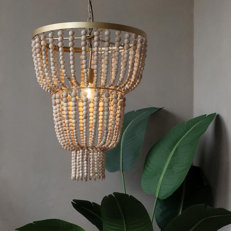 Taklampe Lysekrone med treperler H65/50 cm naturlig fall , hemmetshjarta.no