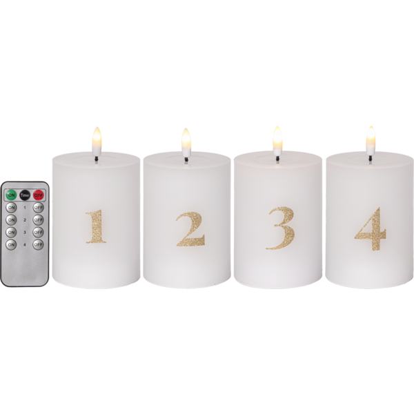 Batteridrevet LED-blokklys 12,5 cm – Advent 1–4 – Hvitt med gullfargede tall