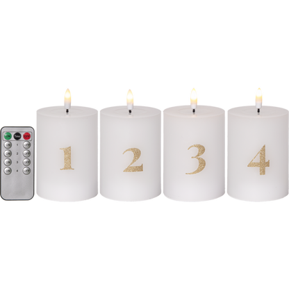 Batteridrevet LED-blokklys 12,5 cm – Advent 1–4 – Hvitt med gullfargede tall