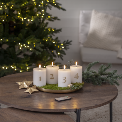 Batteridrevet LED-blokklys 12,5 cm – Advent 1–4 – Hvitt med gullfargede tall