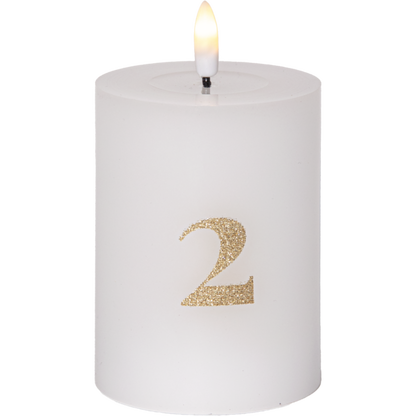 Batteridrevet LED-blokklys 12,5 cm – Advent 1–4 – Hvitt med gullfargede tall