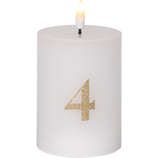 Batteridrevet LED-blokklys 12,5 cm – Advent 1–4 – Hvitt med gullfargede tall