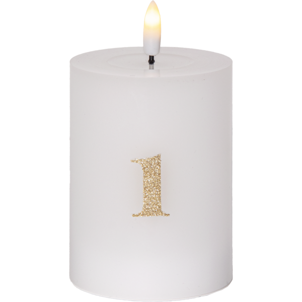 Batteridrevet LED-blokklys 12,5 cm – Advent 1–4 – Hvitt med gullfargede tall