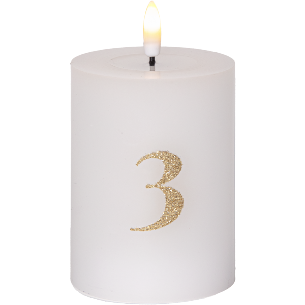 Batteridrevet LED-blokklys 12,5 cm – Advent 1–4 – Hvitt med gullfargede tall