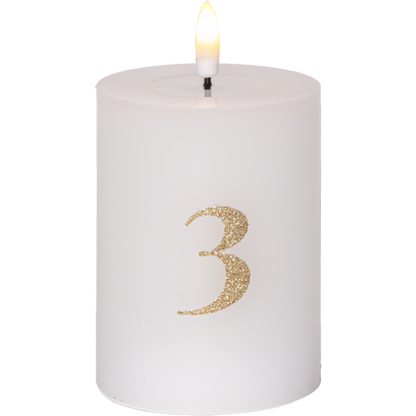 Batteridrevet LED-blokklys 12,5 cm – Advent 1–4 – Hvitt med gullfargede tall