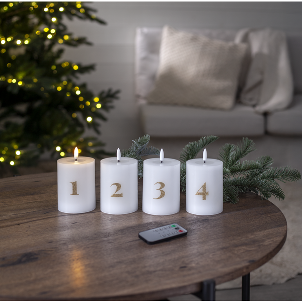 Batteridrevet LED-blokklys 12,5 cm – Advent 1–4 – Hvitt med gullfargede tall