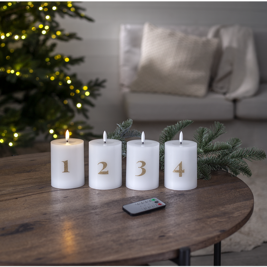 Batteridrevet LED-blokklys 12,5 cm – Advent 1–4 – Hvitt med gullfargede tall