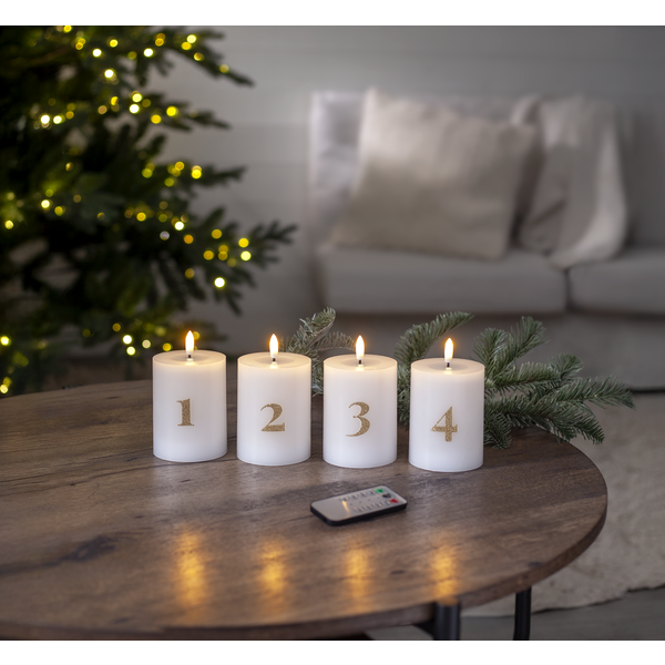 Batteridrevet LED-blokklys 12,5 cm – Advent 1–4 – Hvitt med gullfargede tall