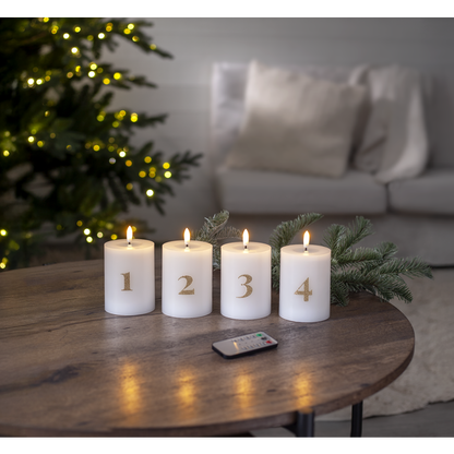 Batteridrevet LED-blokklys 12,5 cm – Advent 1–4 – Hvitt med gullfargede tall