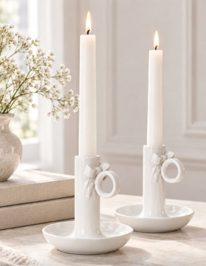 Lysestake Sløyfe - Hvit keramikk 14 cm | 2-pack til kronelys
