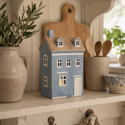 Lyslykt Hus H25/L13/B9 cm himmelblå