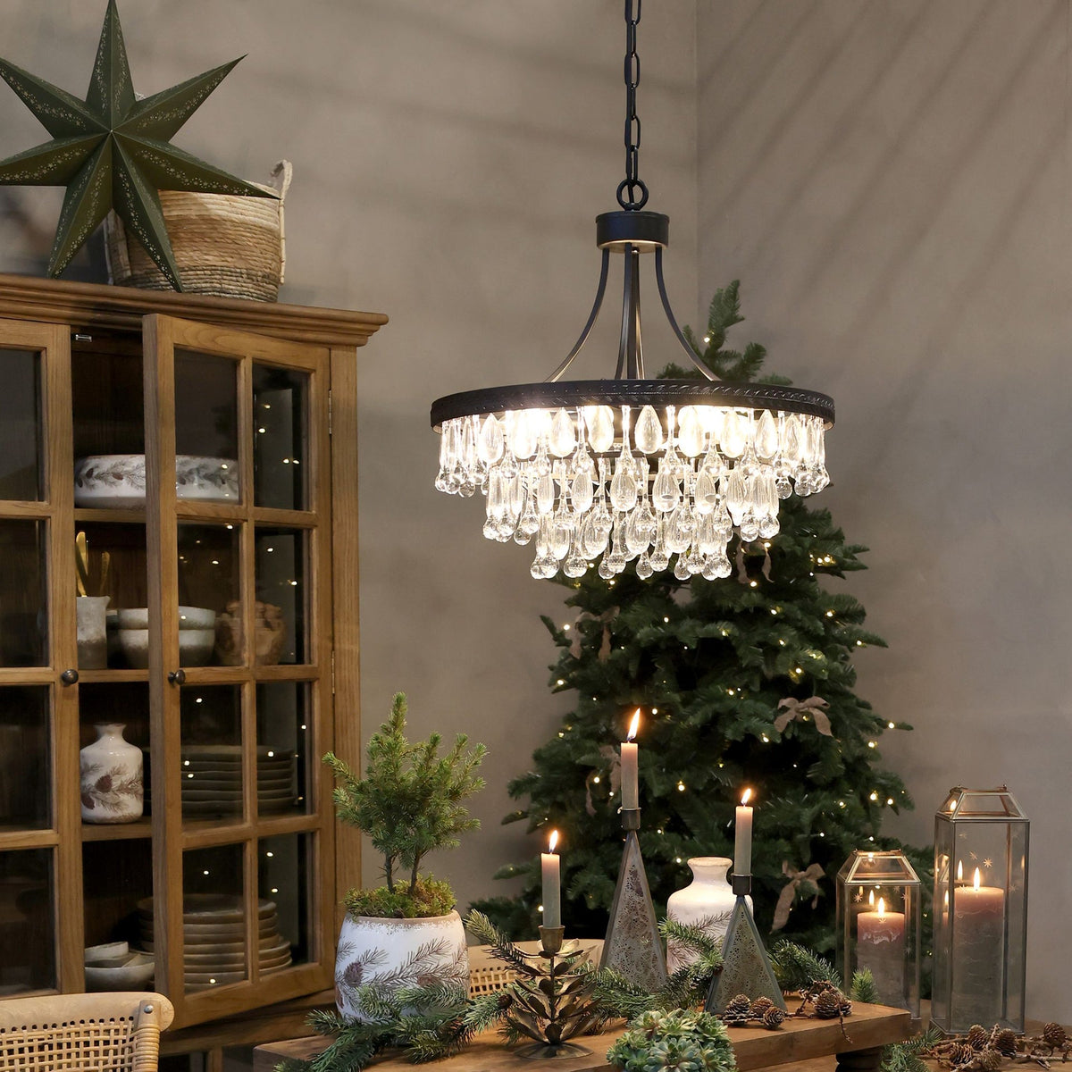 Taklampe Versailles lysekrone med dråpeformede glassprism H49/Ø50 cm svart
