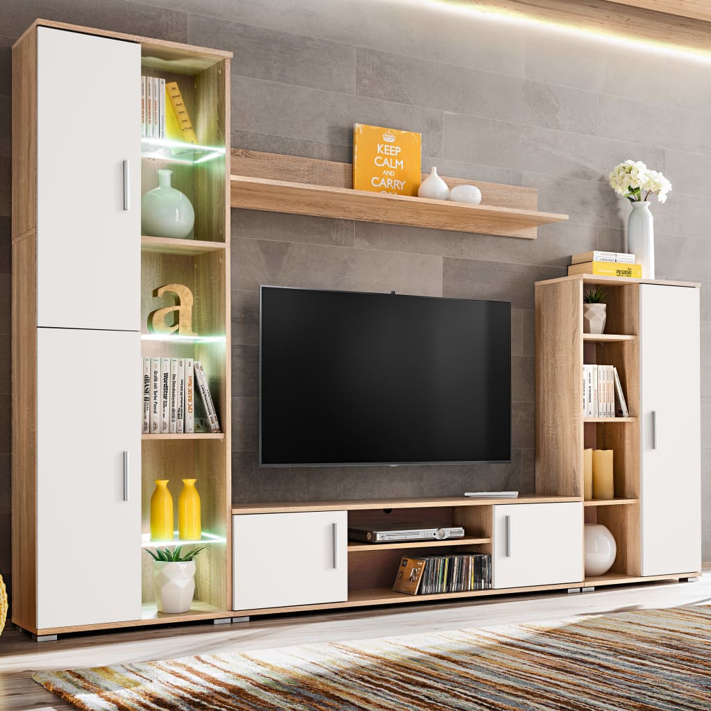 TV-Møbel Sonoma Eik TV-veggenhet med LED-lys og Hvit