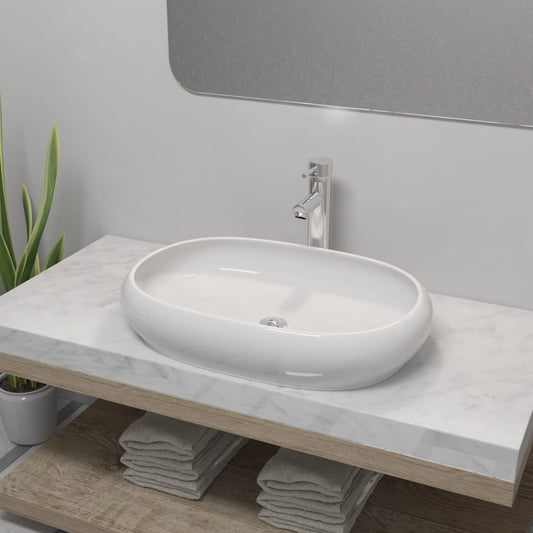 Baderomsvask Hvit med kran keramisk oval