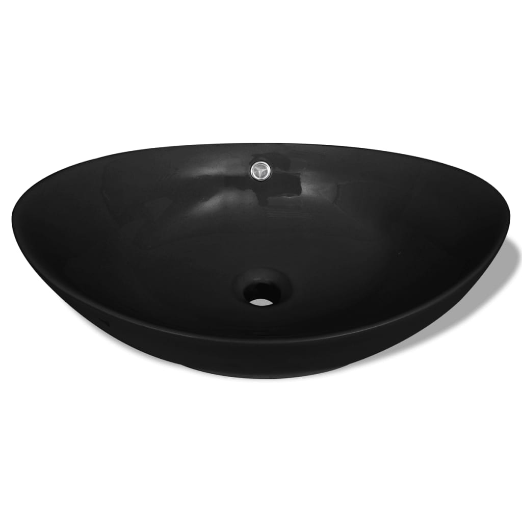 Baderomsvask Svart Luksus Keramisk Vask Oval med Overløp 59 x 38,5 cm