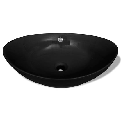 Baderomsvask Svart Luksus Keramisk Vask Oval med Overløp 59 x 38,5 cm