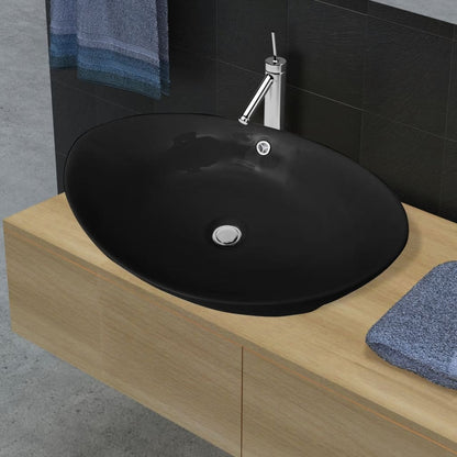 Baderomsvask Svart Luksus Keramisk Vask Oval med Overløp 59 x 38,5 cm