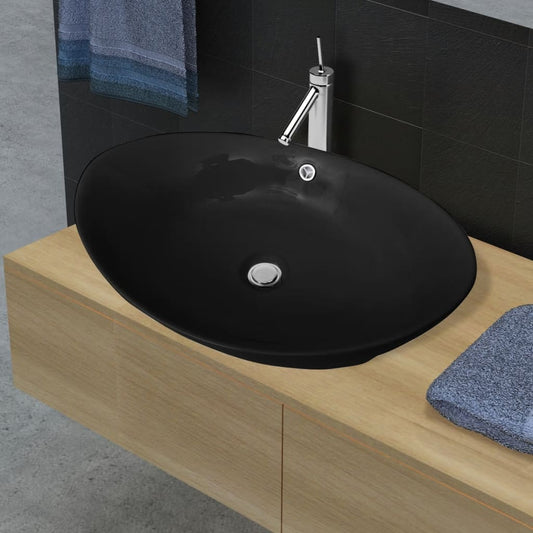 Baderomsvask Svart Luksus Keramisk Vask Oval med Overløp 59 x 38,5 cm