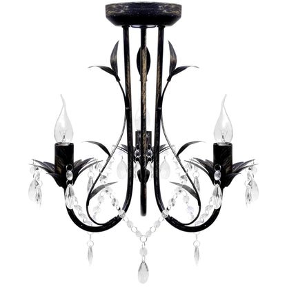 Taklampe Lyskrone Svart Metall Krystall Perler 3xE14 Lyspær