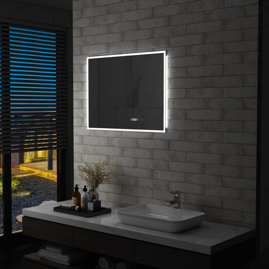 Baderomsspeil LED med berøringssensor og tidsvisning 80x60 cm
