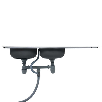 Kjøkkenvask med dobbel kum med sil og samler rustfritt stål