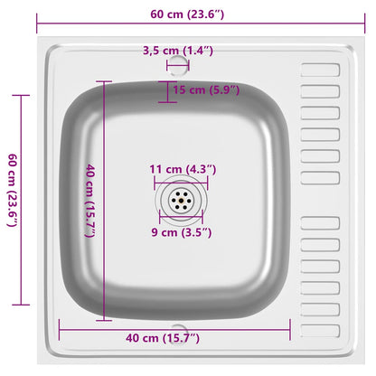 Kjøkkenvask med avløpssett sølv 600x600x155 mm rustfritt stål