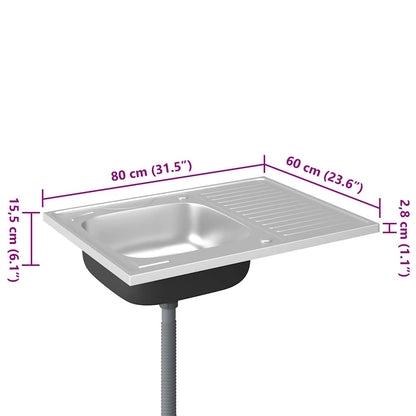 Kjøkkenvask med avløpssett sølv 800x600x155 mm rustfritt stål