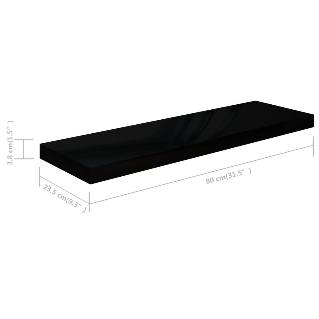 Vegghylle Høyglans Svart Flytende 4 stk 80x23,5x3,8 cm