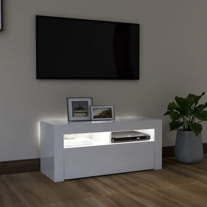 TV-Møbel Høyglans Hvit Tv-benk med LED-lys 90x35x40 cm