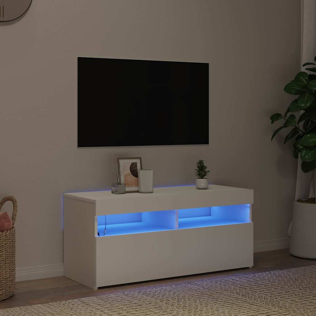 TV-Møbel Hvit TV-benk med LED-lys 90x35x40 cm