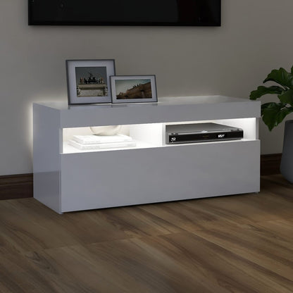 TV-Møbel Høyglans Hvit Tv-benk med LED-lys 90x35x40 cm