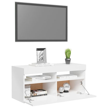 TV-Møbel Høyglans Hvit Tv-benk med LED-lys 90x35x40 cm