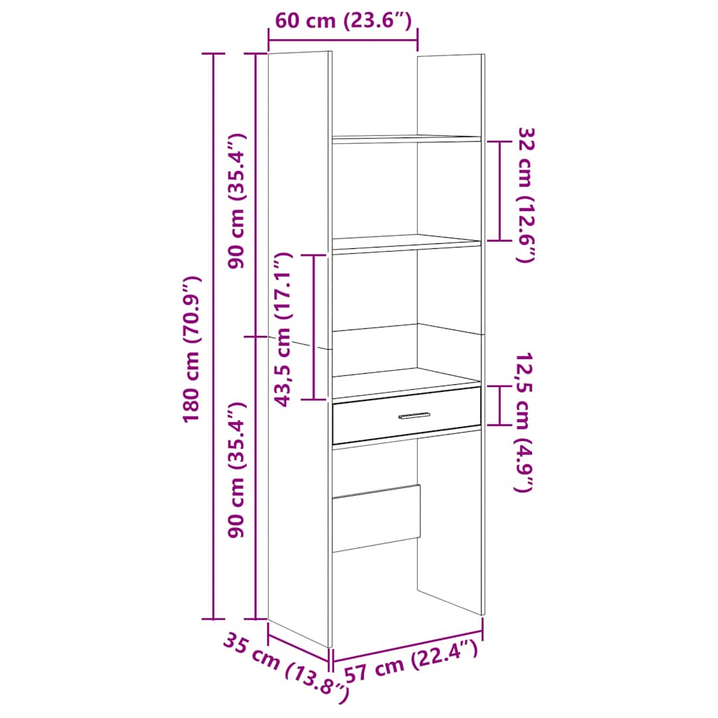Bokhylle Grå 60x35x180 cm
