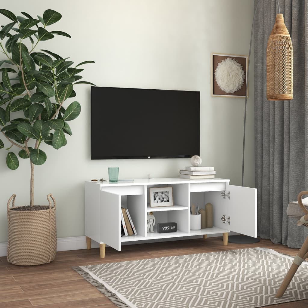 TV-Møbel Hvit TV-benk med ben i heltre 103,5x35x50 cm