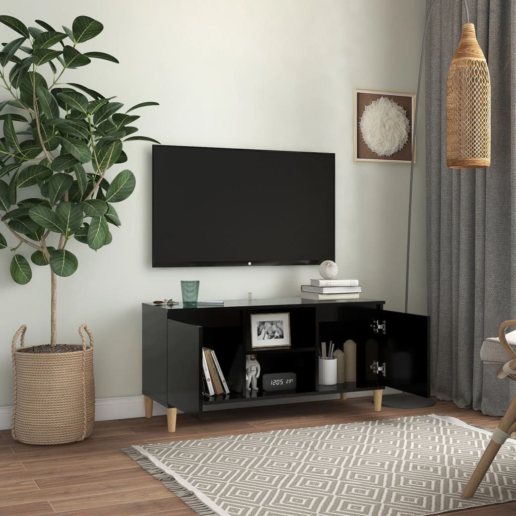 TV-Møbel Svart TV-benk med ben i heltre 103,5x35x50 cm