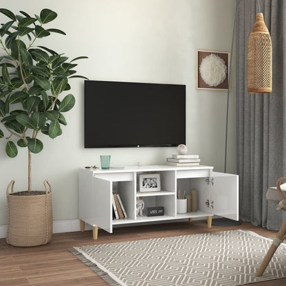 TV-Møbel Høyglans Hvit Tv-benk med ben i heltre 103,5x35x50 cm