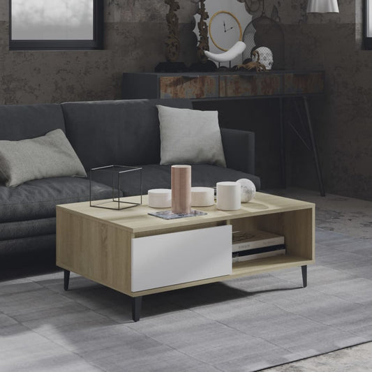 Salongbord Sofabord Hvit og Sonoma Eik 90x60x35 cm