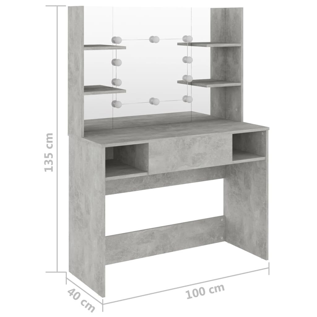 Sminkebord Betonggrå LED 100x40x135 cm