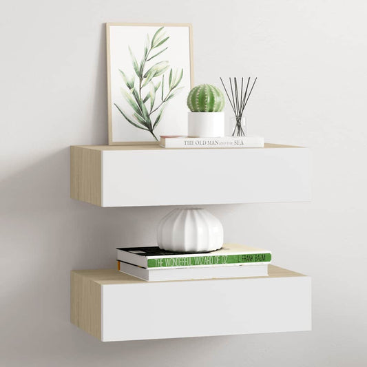 Vegghylle Hvit Eik skuffehyller 2 stk 40x23,5x10 cm