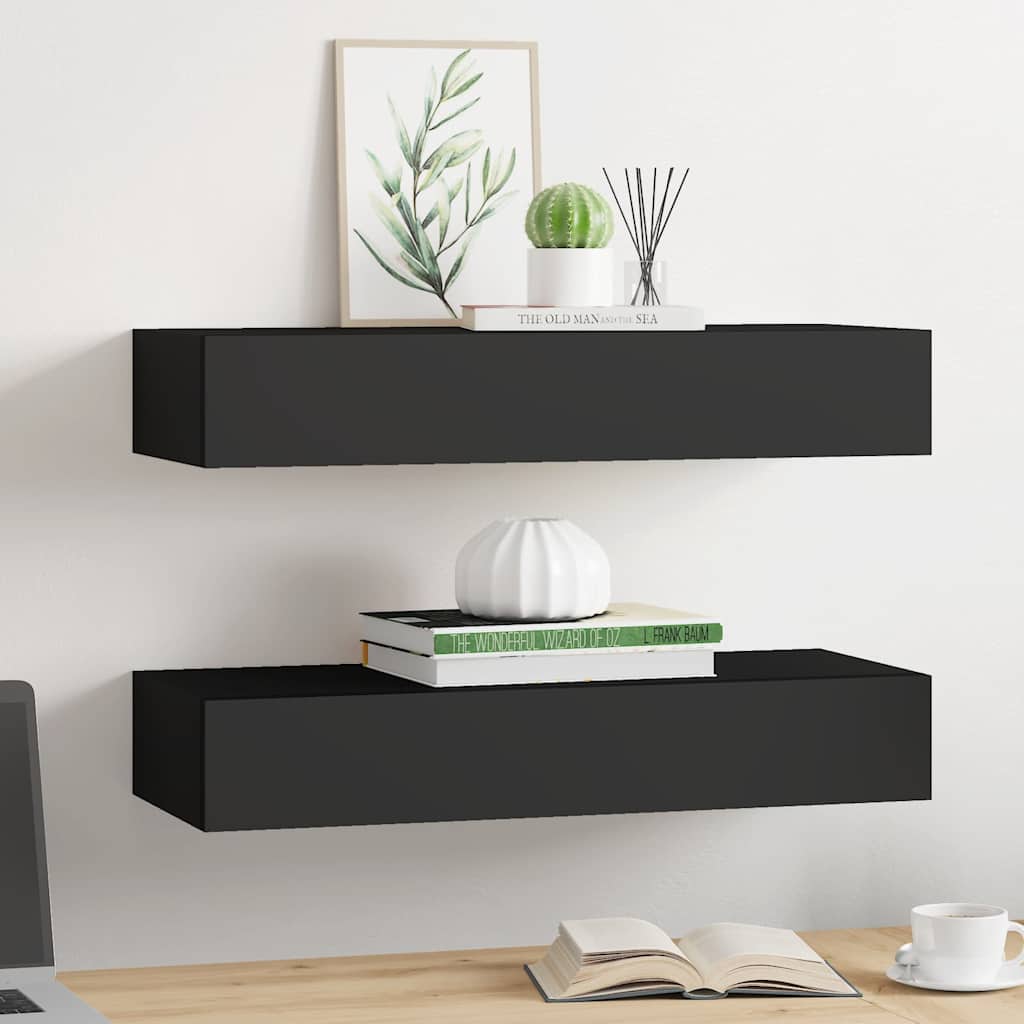 Vegghylle Svart skuffehyller 2 stk 60x23,5x10 cm
