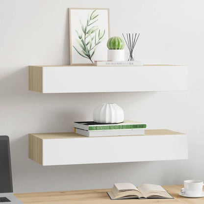Vegghylle Hvit Eik skuffehyller 2 stk 60x23,5x10 cm