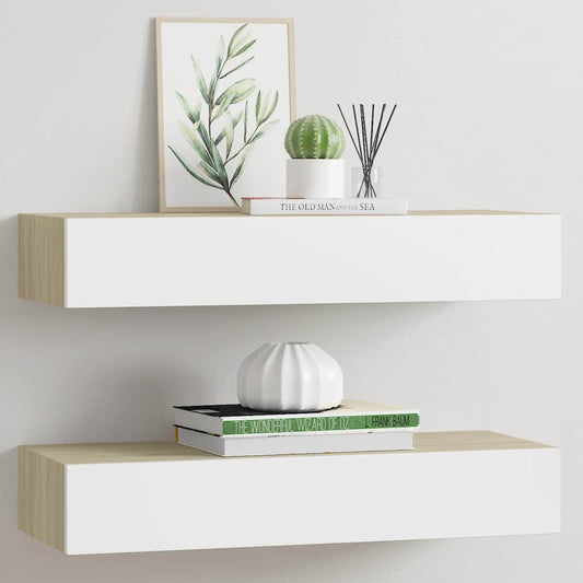 Vegghylle Hvit Eik skuffehyller 2 stk 60x23,5x10 cm