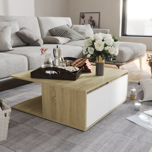 Salongbord Sofabord Hvit og Sonoma Eik 80x80x31 cm