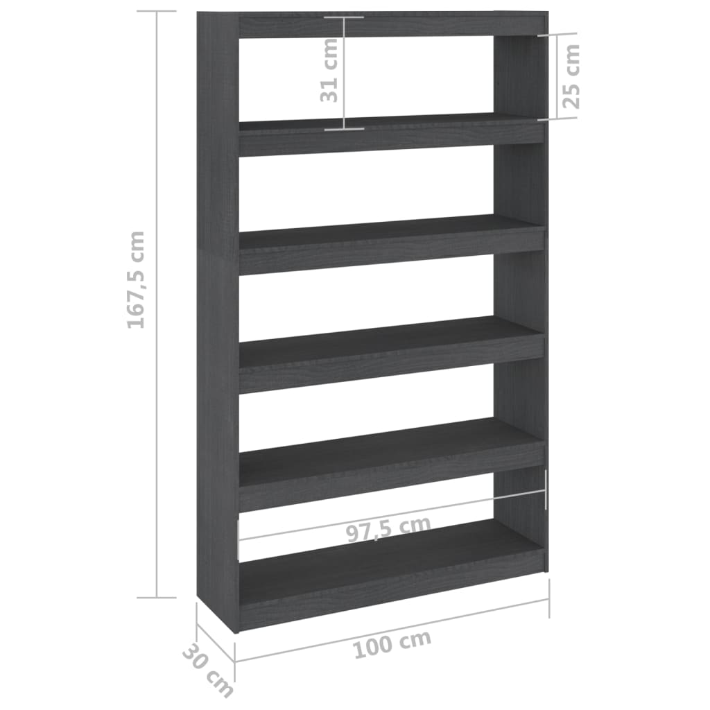 Bokhylle Grå Romdeler 100x30x167,5 cm heltre furu